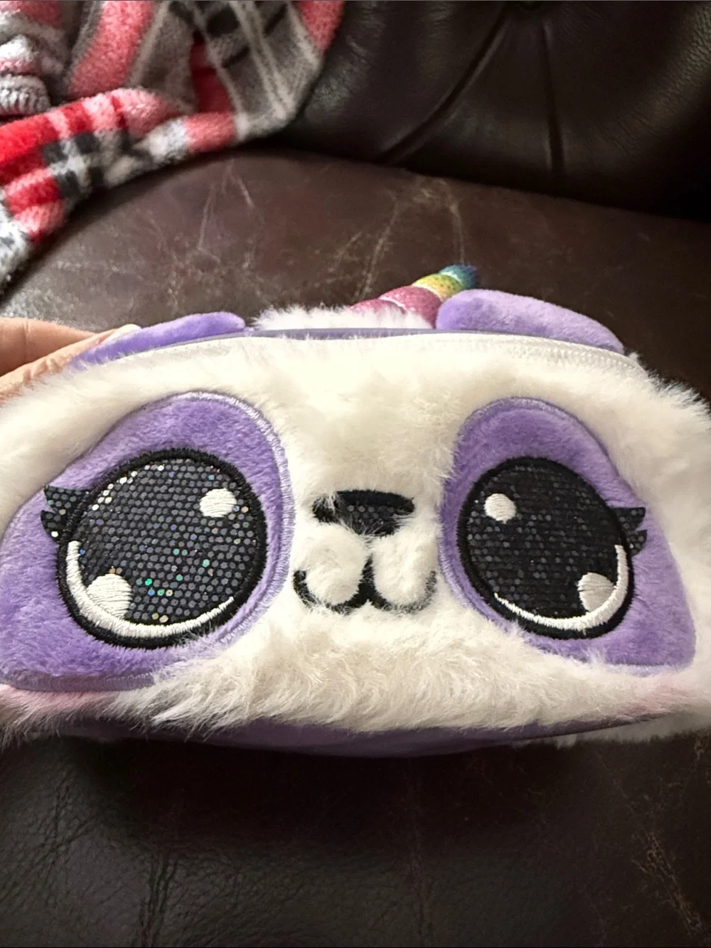 Claire's White & Purple Plush Unicorn Panda Kids Bag with Rainbow Horn